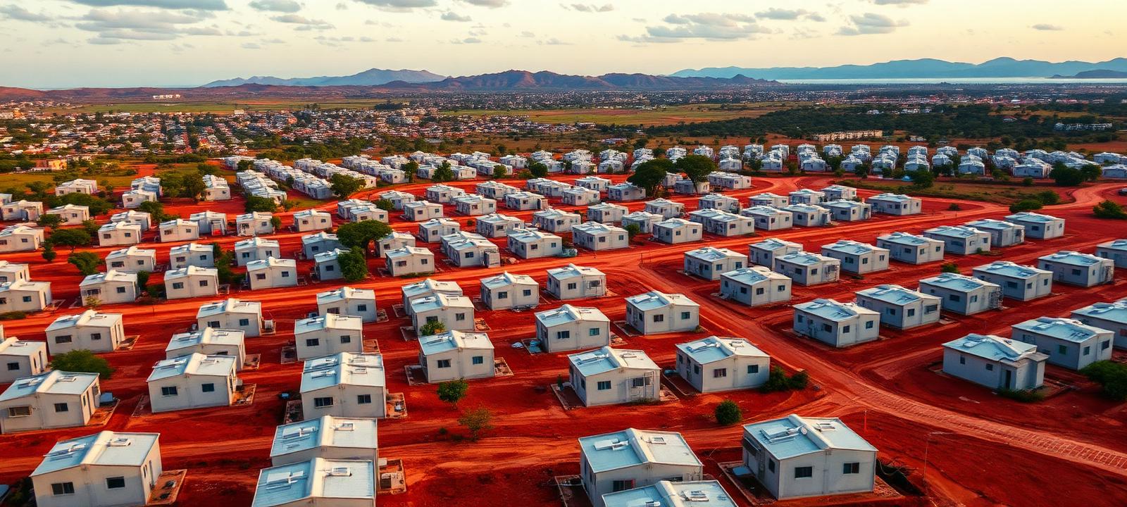 Vista aérea de um bairro modular no distrito de Moamba, ao entardecer