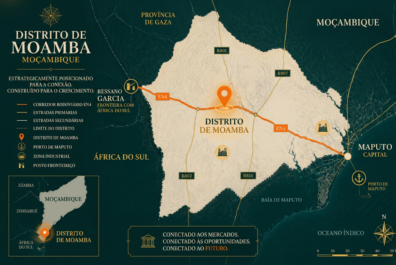 Mapa do corredor EN4 ligando Maputo, Moamba e Ressano Garcia